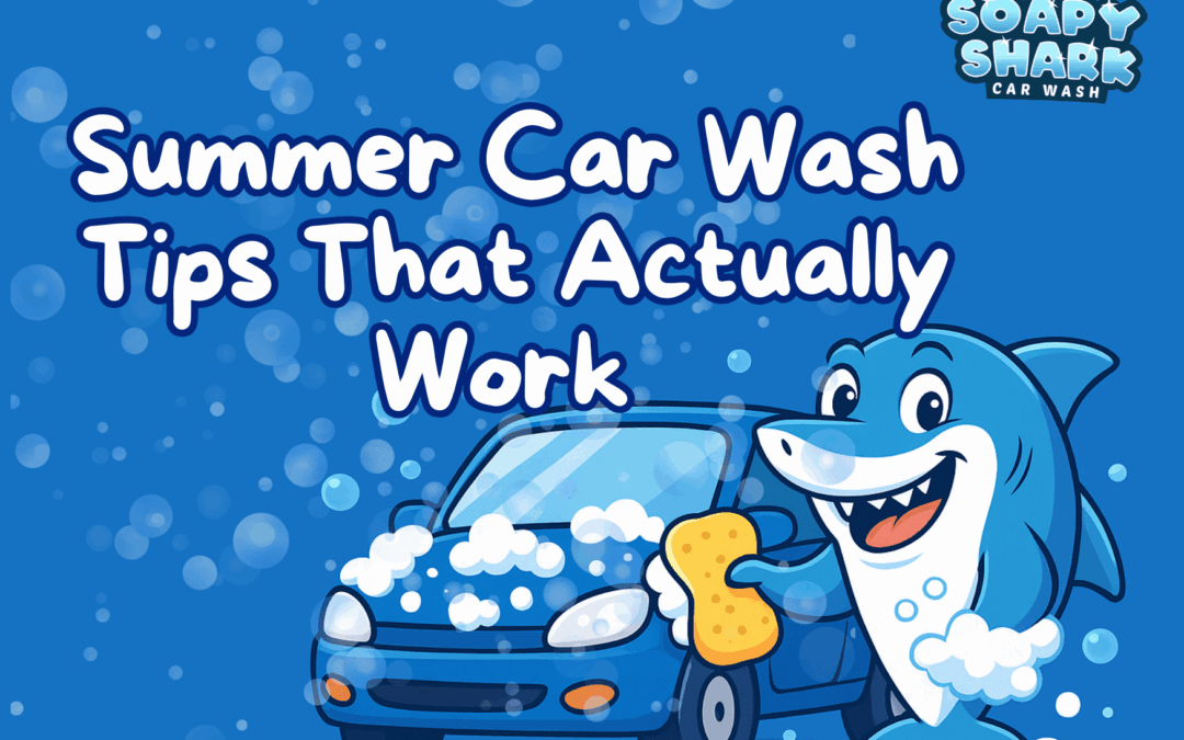 A graphic featuring summer car wash tips, showcasing practical advice for maintaining a clean vehicle during hot weather
